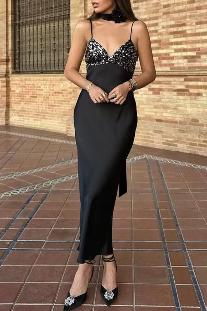 Kaynafashions - Elegant College Solid Sequins V Neck A Line Dresses