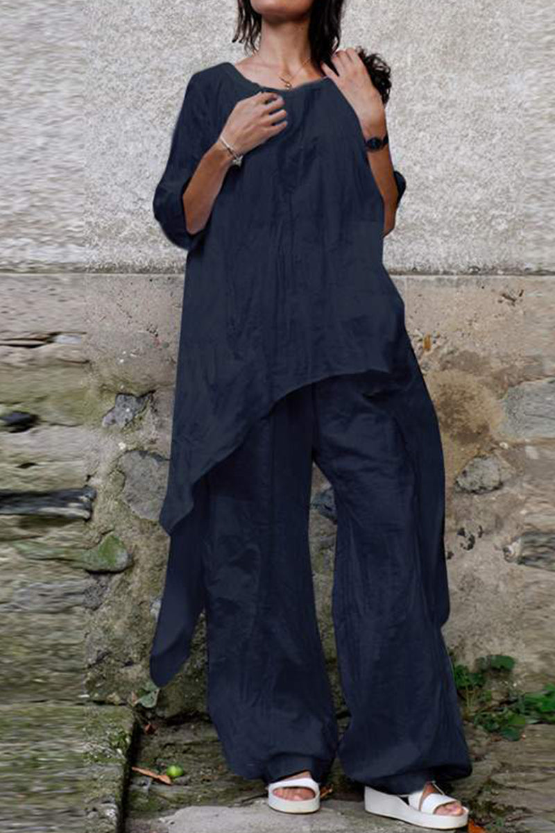 Kaynafashions - Casual Simplicity Solid Asymmetrical O Neck Three Quarter Two Pieces(4 Colors)