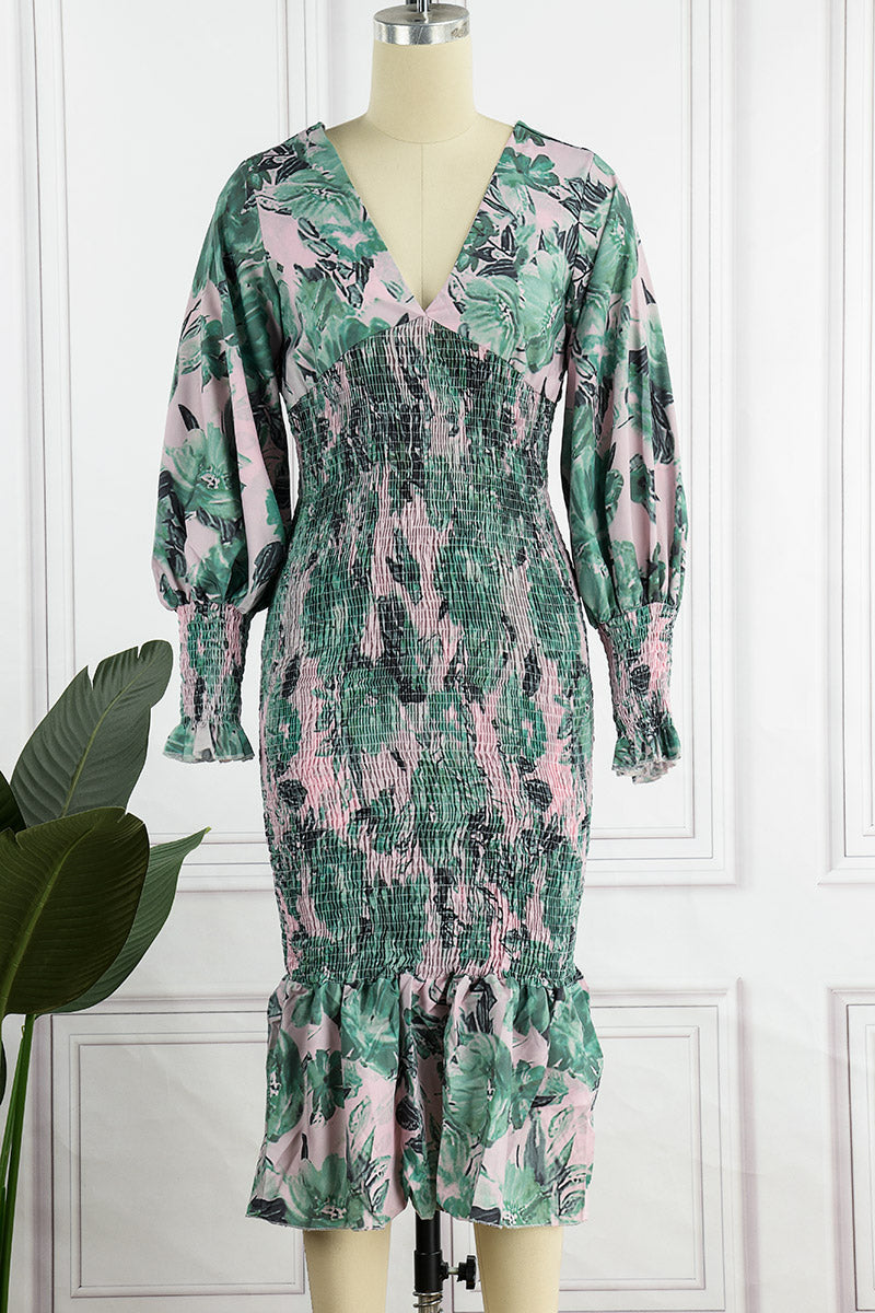 Kaynafashions - Sweet Elegant Print Patchwork V Neck Waist Skirt Dresses(4 Colors)