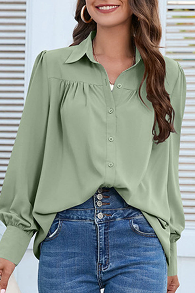 Kaynafashions - Casual Solid Buttons Shirt Collar Tops