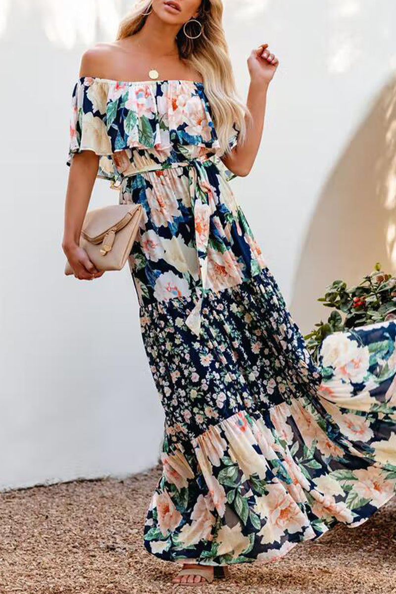 Kaynafashions - Elegant Floral Patchwork Flounce Off the Shoulder Cake Skirt Dresses