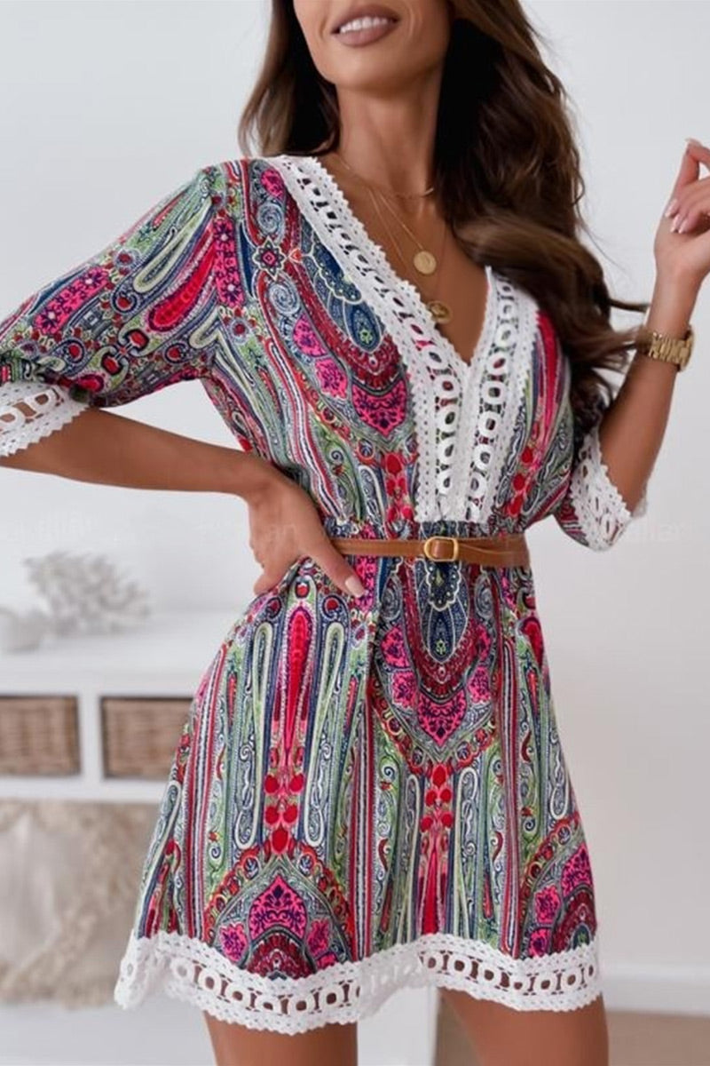 Kaynafashions - Fashion Sweet Print Patchwork V Neck A Line Dresses