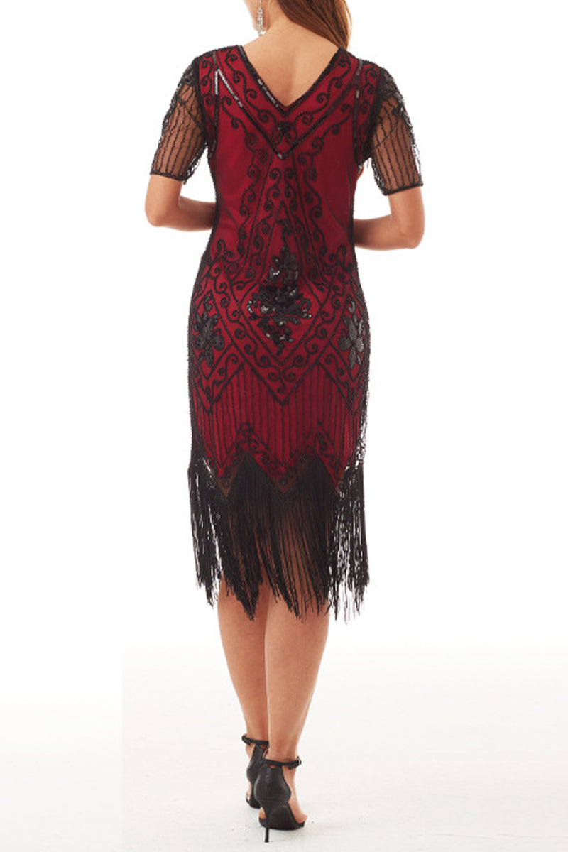 Kaynafashions - Sexy Party Patchwork Tassel Sequins V Neck A Line Dresses(4 Colors)