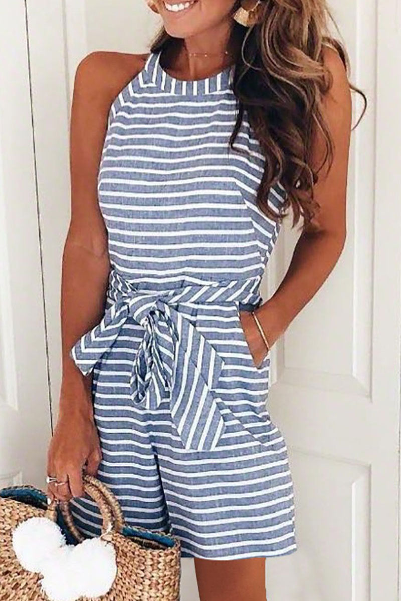 Kaynafashions - Casual Patchwork Bandage With Belt O Neck Loose Jumpsuits(5 Colors)