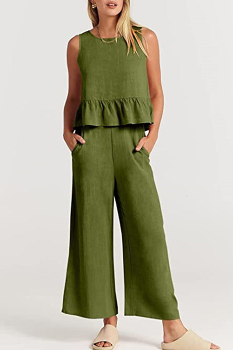 Kaynafashions - Casual Simplicity Solid Pocket Buttons O Neck Sleeveless Two Pieces