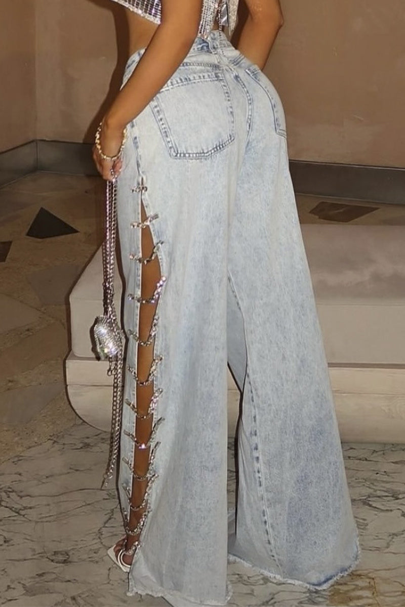 Kaynafashions - Sexy Sportswear Solid Rhinestone High Waist Loose Denim Jeans