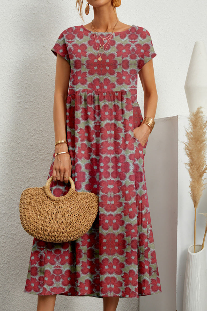 Kaynafashions - Casual Floral Pocket O Neck Printed Dress Dresses(9 Colors)