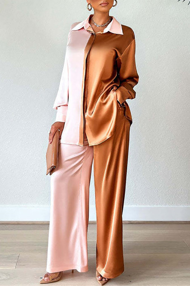 Kaynafashions - Casual Patchwork Contrast Turndown Collar Long Sleeve Two Pieces(3 Colors)