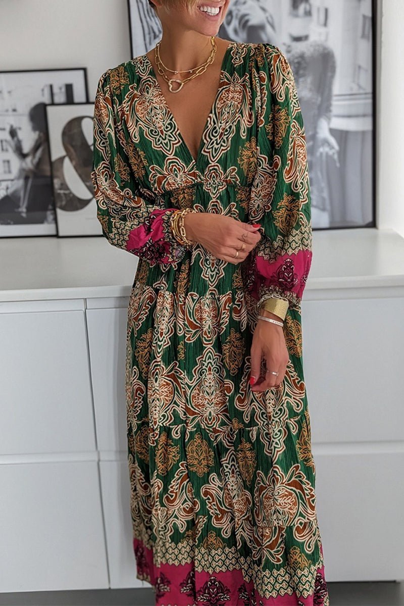 Kaynafashions - Elegant College Print Patchwork V Neck Printed Dress Dresses(4 Colors)