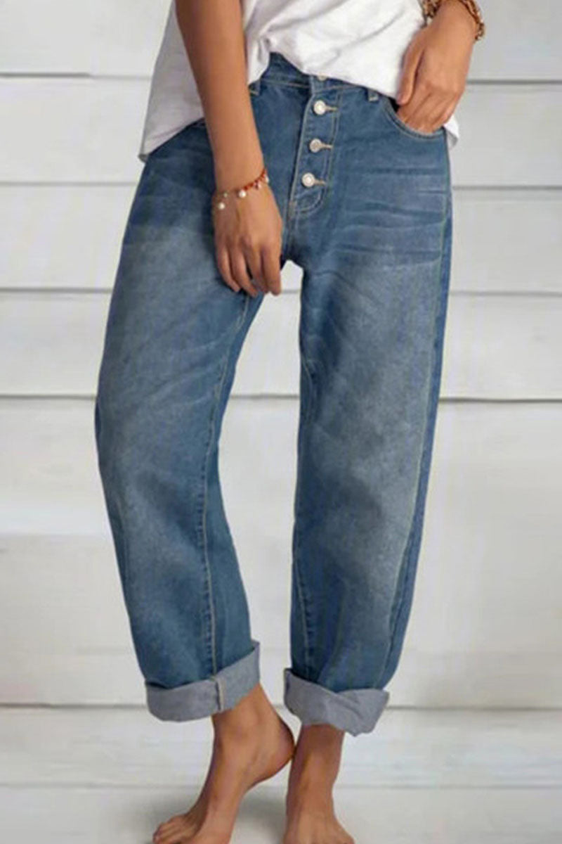 Kaynafashions - Fashion Street Solid Mid Waist Straight Denim