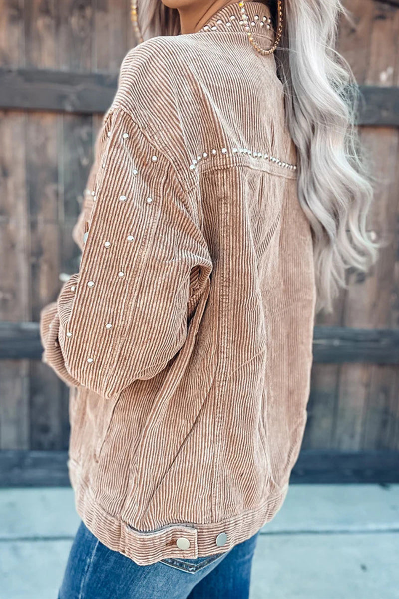 Kaynafashions - Casual Solid Rivets Turndown Collar Outerwear