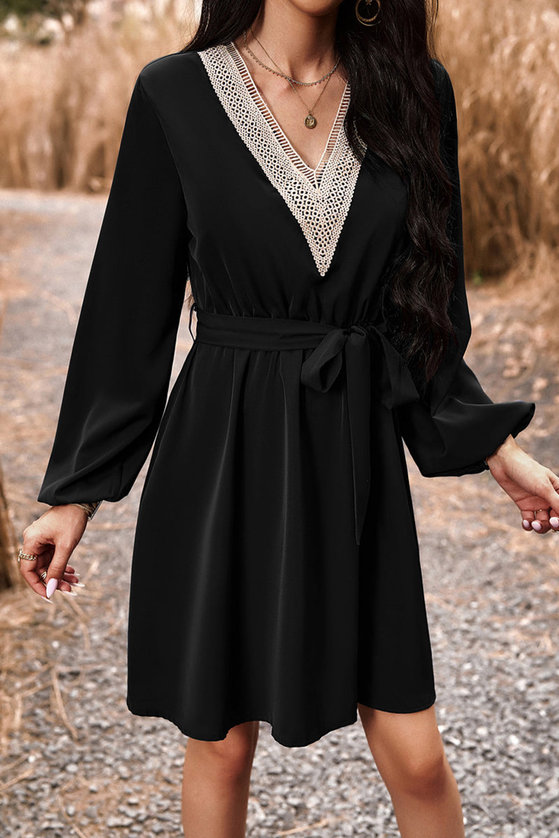 Kaynafashions - Elegant Solid Lace Bandage V Neck A Line Dresses