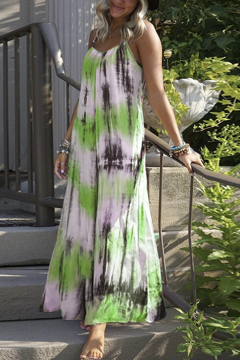 Kaynafashions - Casual Patchwork Tie-dye Spaghetti Strap Straight Dresses(7 colors)