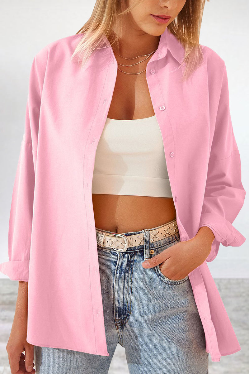 Kaynafashions - Casual Simplicity Solid Buttons Turndown Collar Blouses(11 Colors)