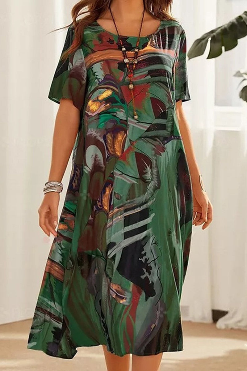 Kaynafashions - Casual College Print Patchwork O Neck Printed Dress Dresses(5 Colors)