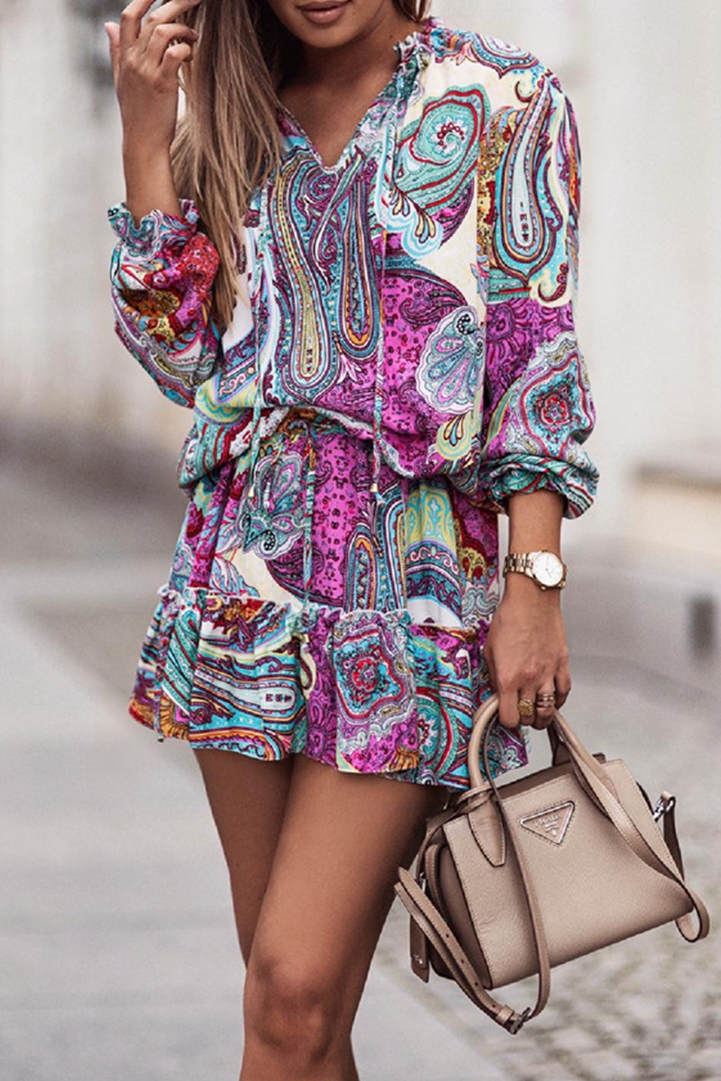 Kaynafashions - Casual Print Flounce V Neck Cake Skirt Dresses(3 colors)