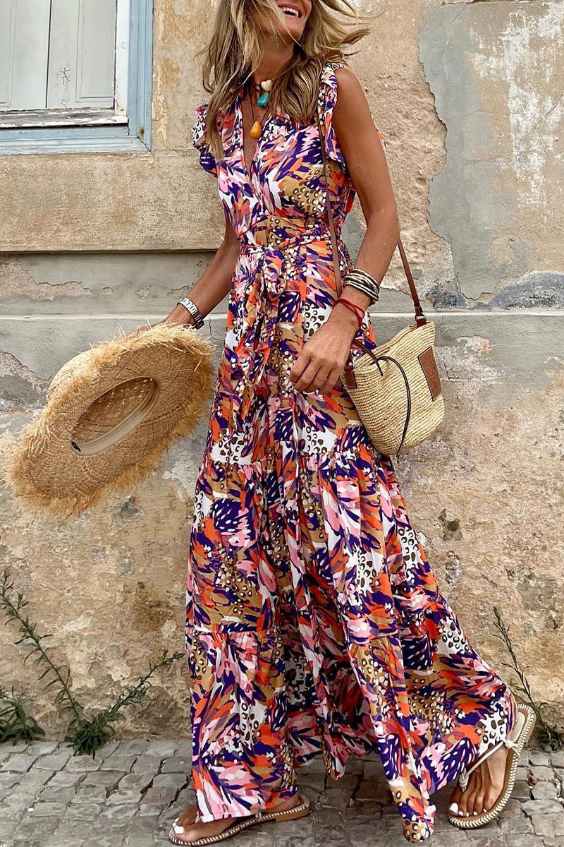 Kaynafashions - Sweet Elegant Print Patchwork V Neck Sleeveless Dress Dresses