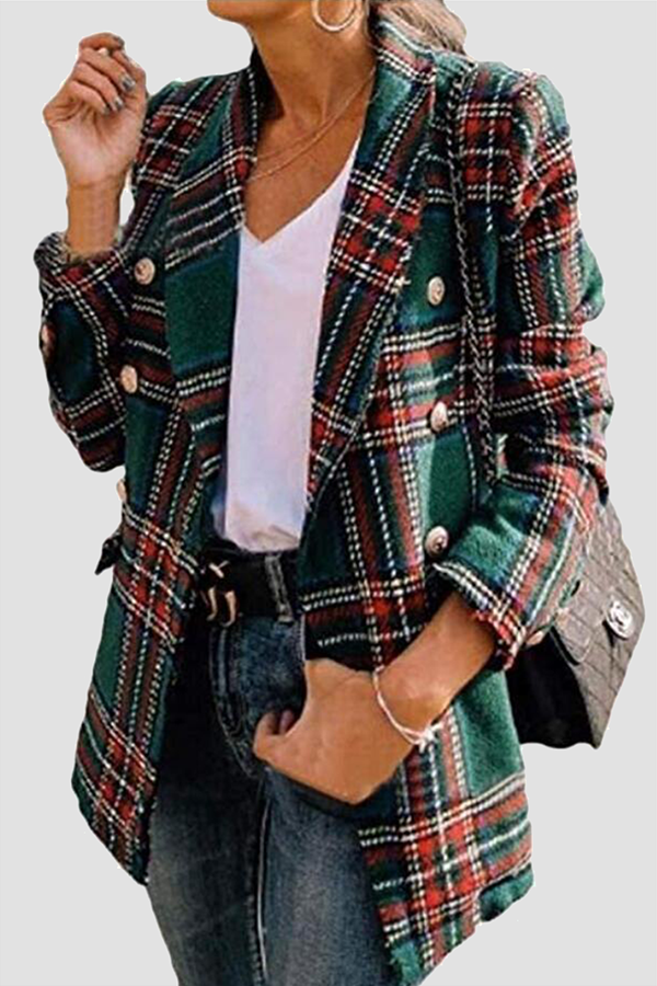 Kaynafashions - Casual Plaid Patchwork Buckle Turndown Collar Outerwear(4 colors)