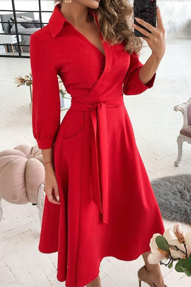 Kaynafashions - Elegant Print Printing Turndown Collar A Line Dresses