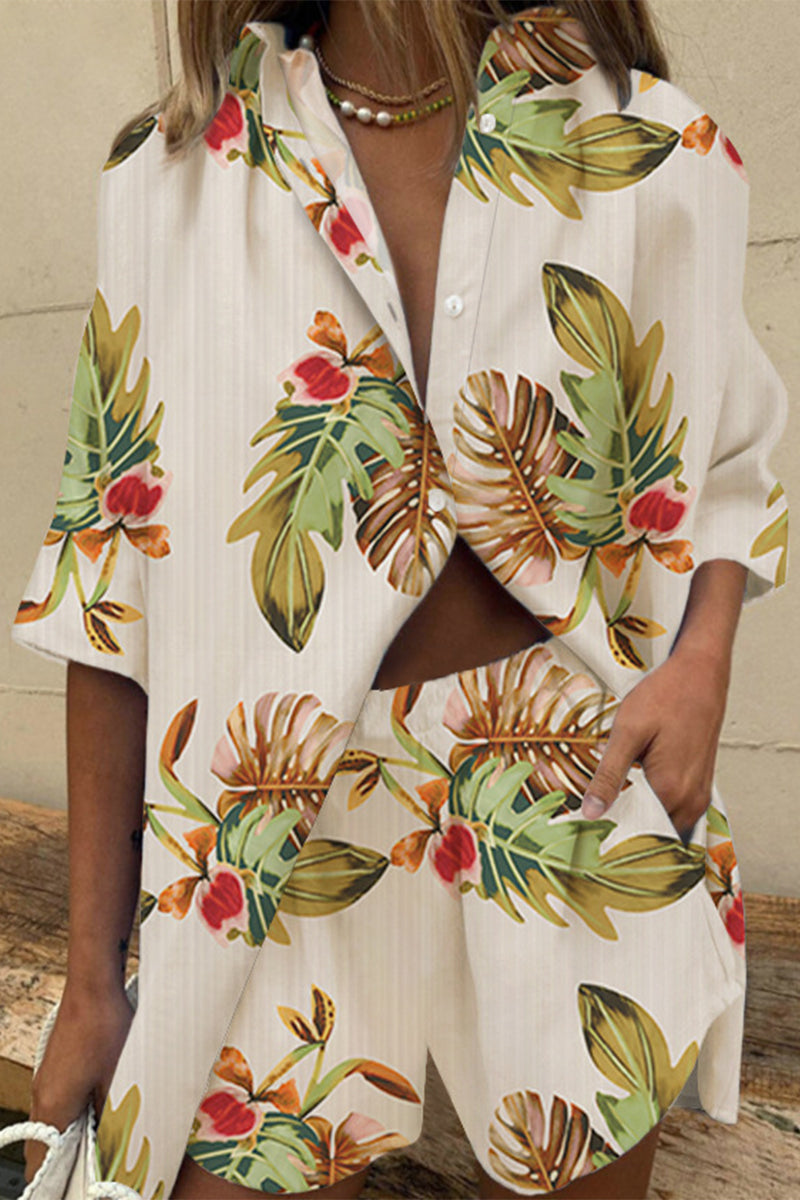 Kaynafashions - Casual Floral Patchwork Turndown Collar Short Sleeve Two Pieces(5 Colors)