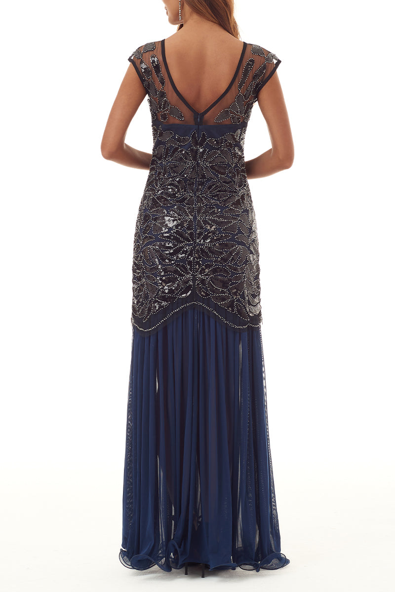 Kaynafashions - Elegant Formal Patchwork Sequins Beading Zipper O Neck Evening Dress Dresses