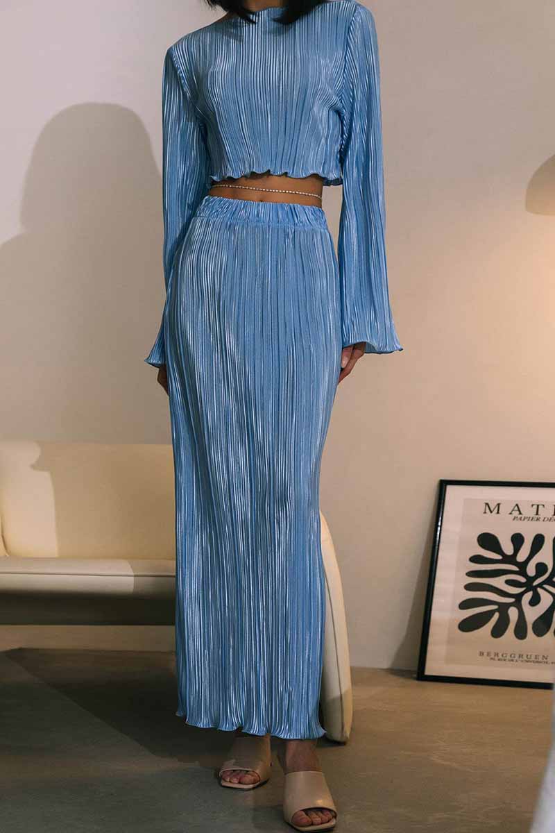 Kaynafashions - Casual Solid Stringy Selvedge O Neck Long Sleeve Two Pieces