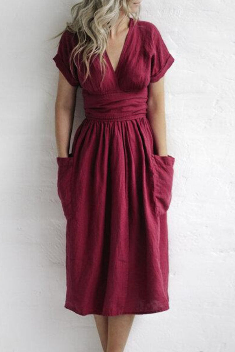 Kaynafashions - Fashion Street Solid Pocket V Neck A Line Dresses(4 colors)