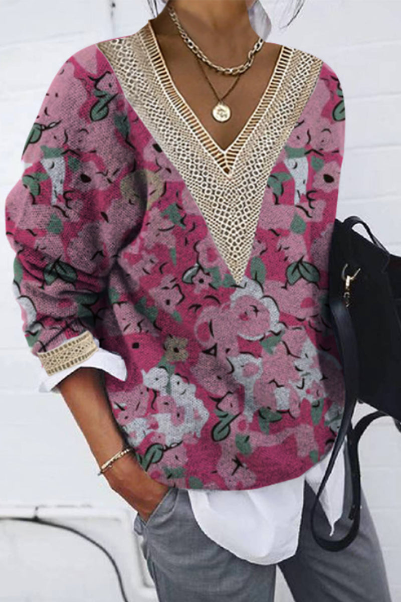 Kaynafashions - Casual Print Patchwork V Neck Tops