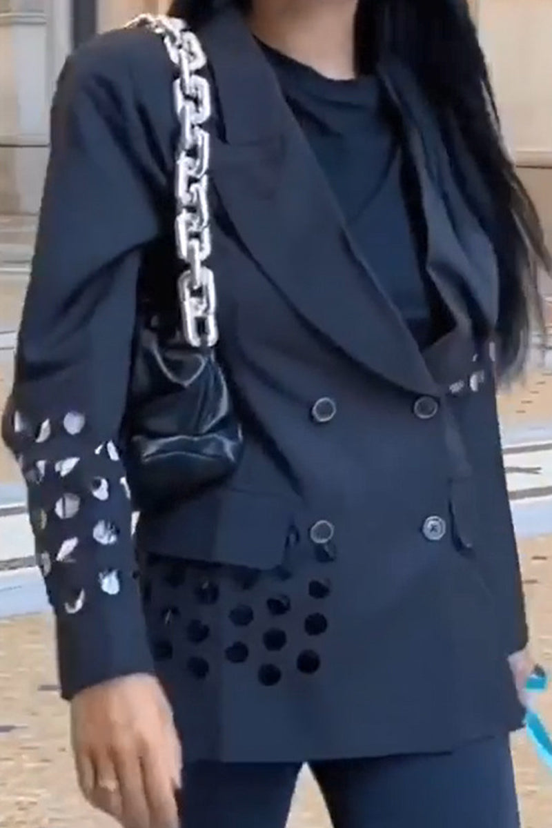 Kaynafashions - Work Elegant Solid Hollowed Out Turn-back Collar Outerwear