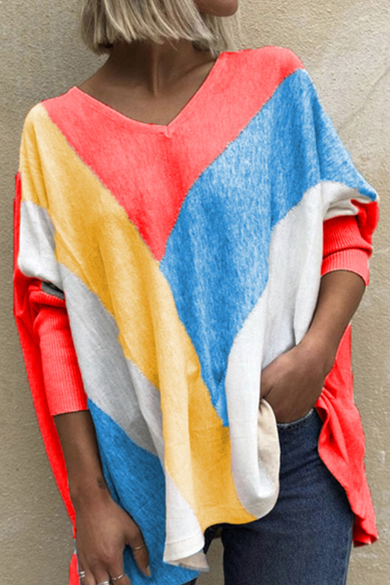 Kaynafashions - Casual Patchwork Contrast V Neck Tops