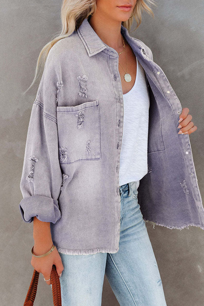 Kaynafashions - Casual Ripped Buckle Long Sleeve Loose Denim Jacket(4 Colors)