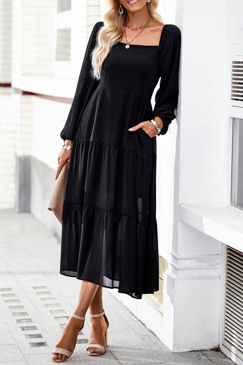 Kaynafashions - Celebrities Elegant Solid Patchwork Square Collar A Line Dresses