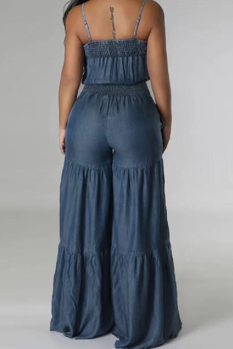 Kaynafashions - Sexy Casual Solid Backless Spaghetti Strap Sleeveless Regular Denim Jumpsuits