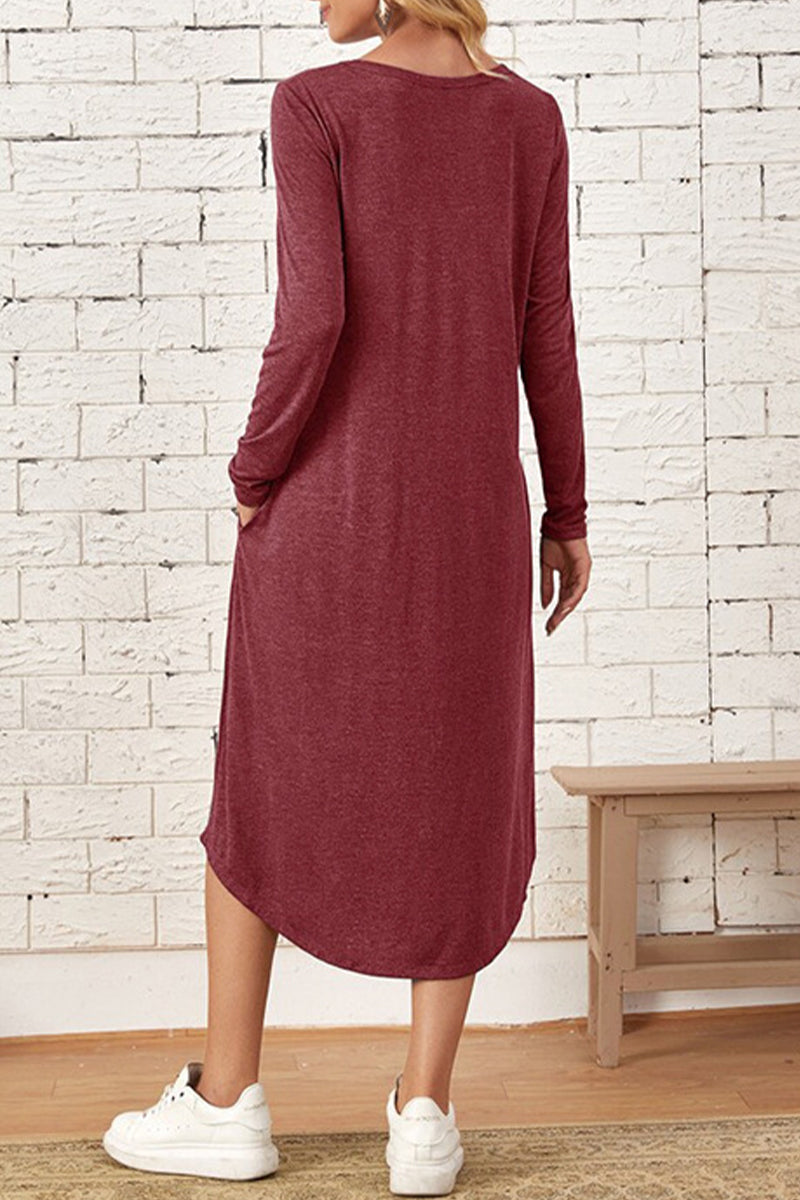 Kaynafashions - Casual Simplicity Solid Pocket O Neck Long Sleeve Dresses(6 Colors)