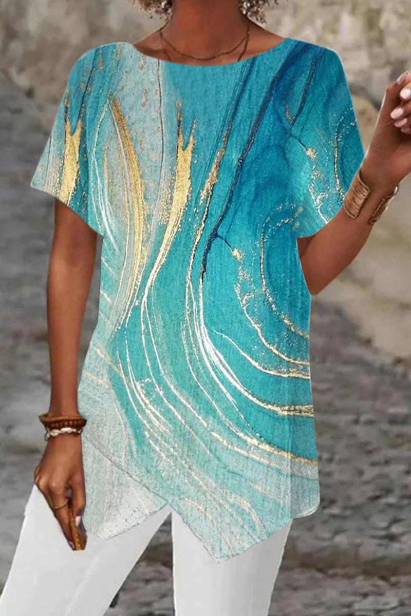 Kaynafashions - Casual College Geometric Print Patchwork O Neck T-Shirts(5 Colors)