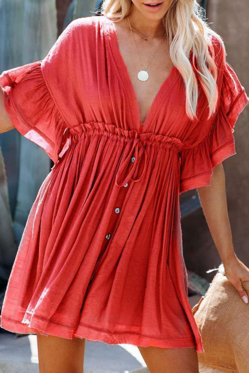 Kaynafashions - Casual Solid Flounce V Neck Cake Skirt Dresses(5 colors)