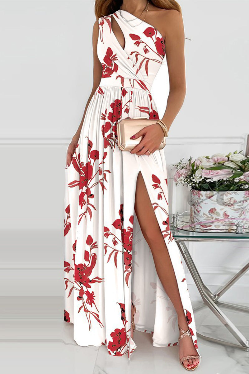 Kaynafashions - Sexy Elegant Print Hollowed Out Slit Oblique Collar A Line Dresses