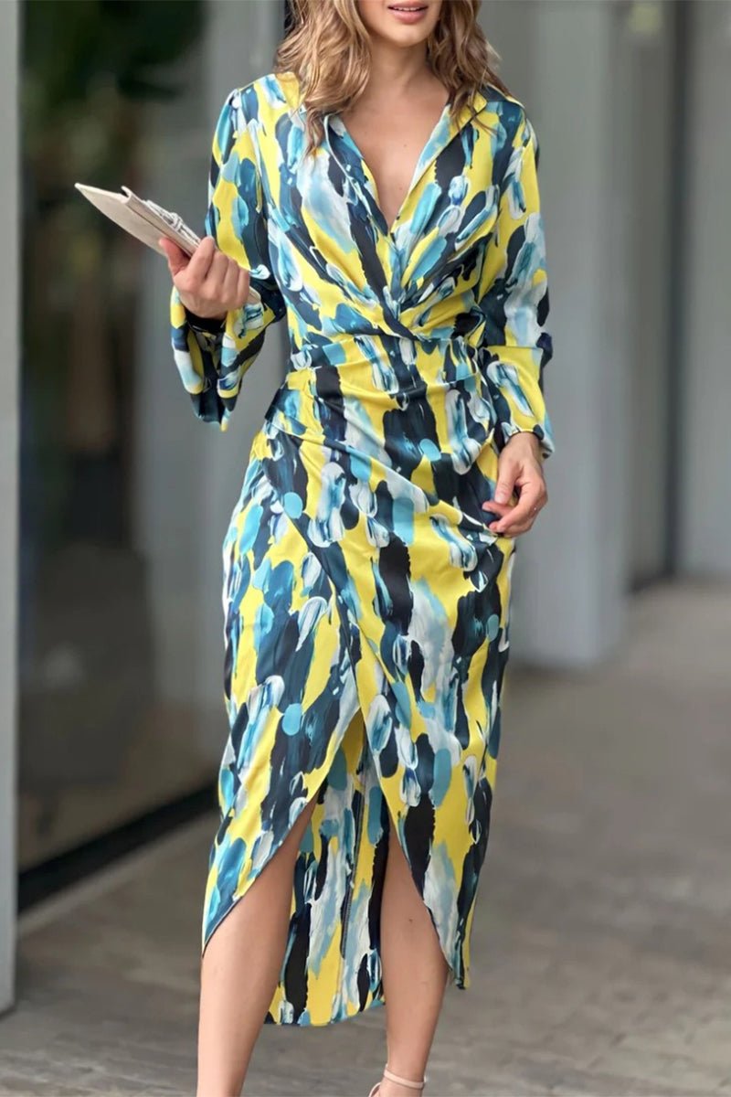 Kaynafashions - Elegant Geometric Printing Turndown Collar Shirt Dress Dresses