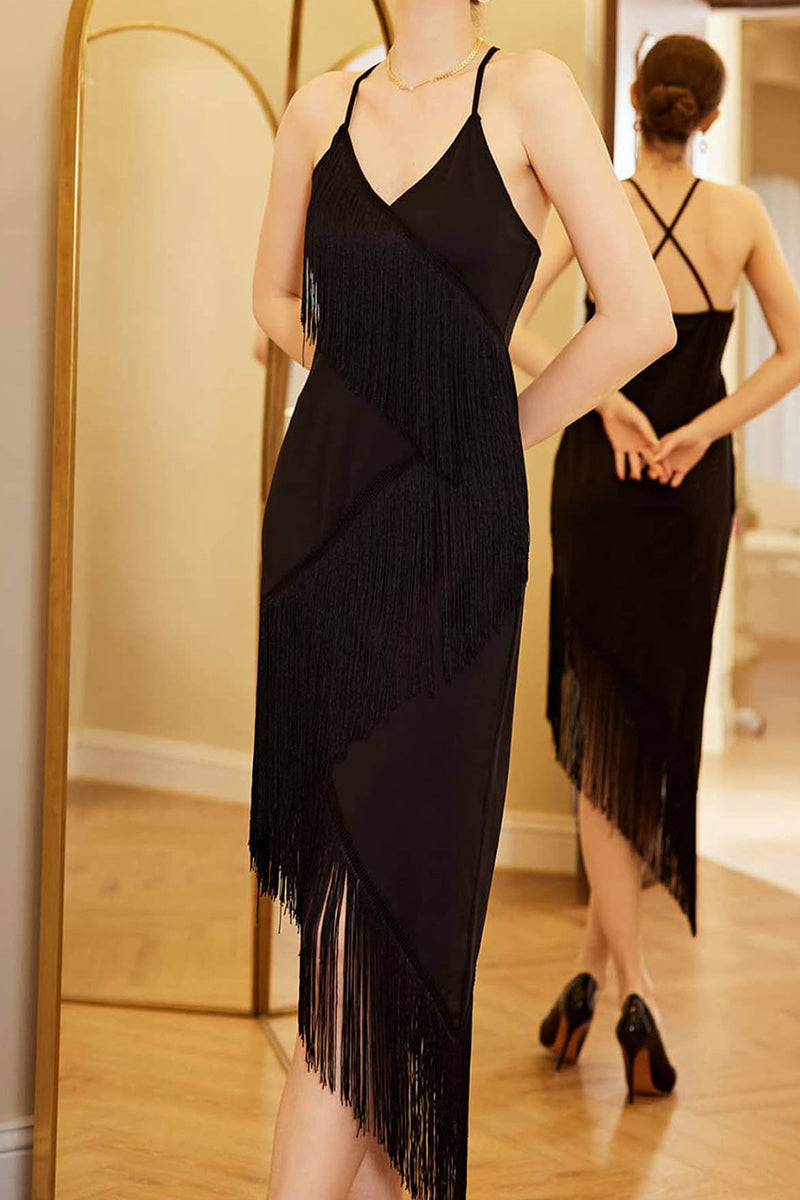 Kaynafashions - Sexy Party Solid Tassel Backless V Neck Irregular Dress Dresses