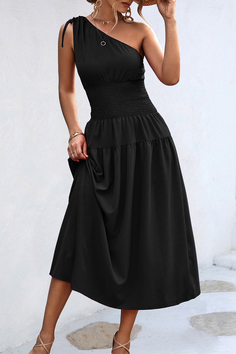 Kaynafashions - Casual Simplicity Solid Frenulum Oblique Collar Waist Skirt Dresses