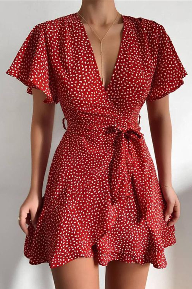 Kaynafashions - Fashion Print Patchwork V Neck Cake Skirt Dresses(4 colors)