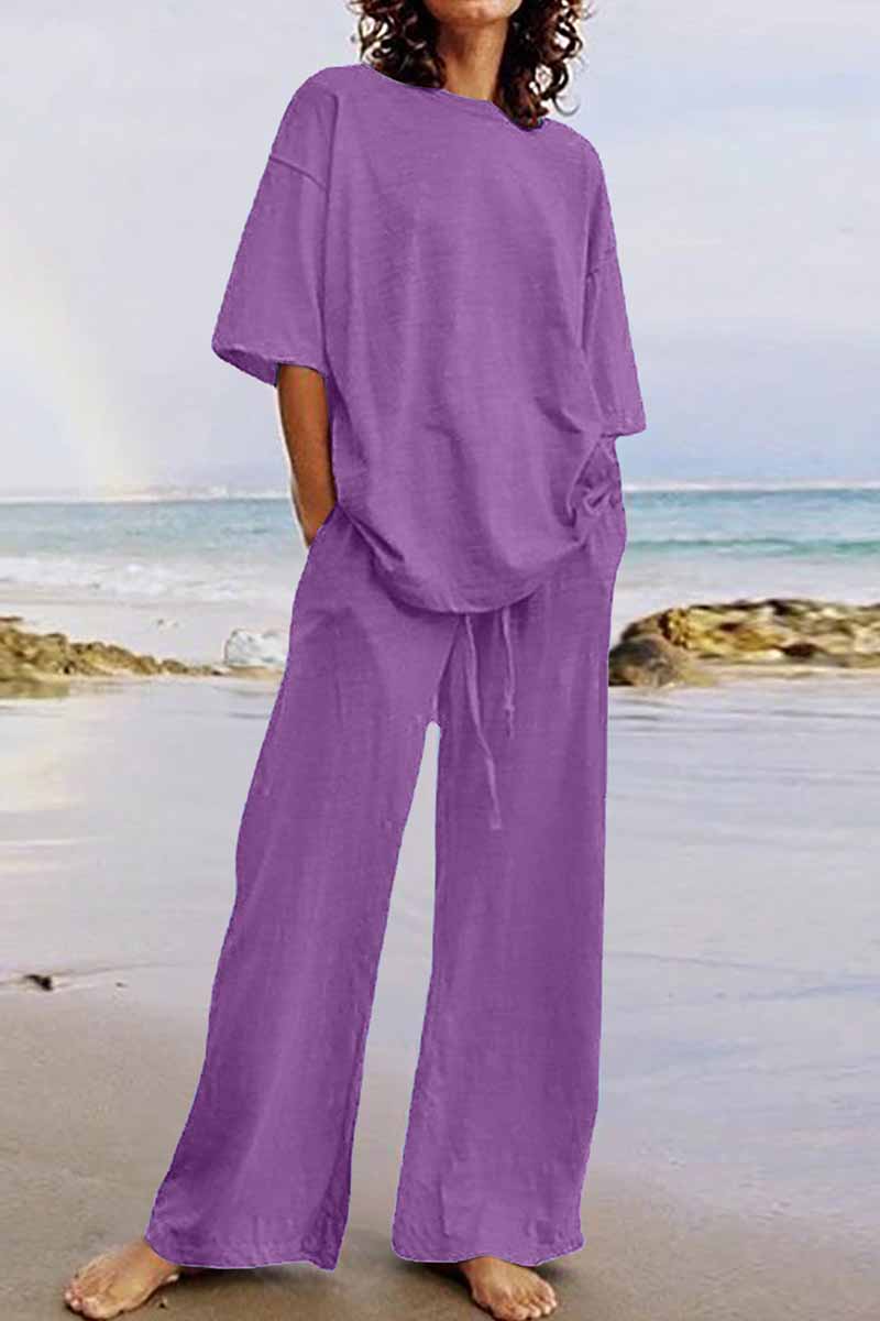 Kaynafashions - Casual Living Solid O Neck Short Sleeve Two Pieces(11 Colors)