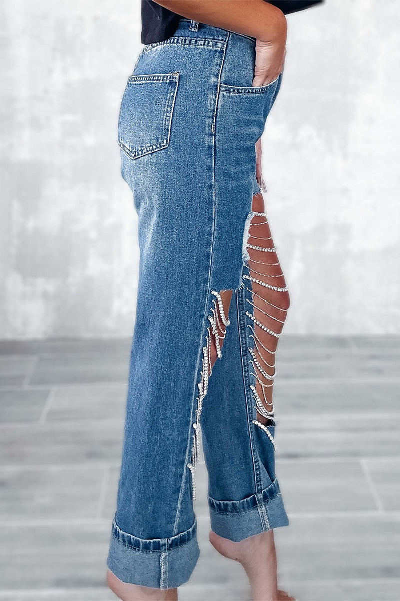 Kaynafashions - Street Solid Ripped Chains Loose Denim Jeans