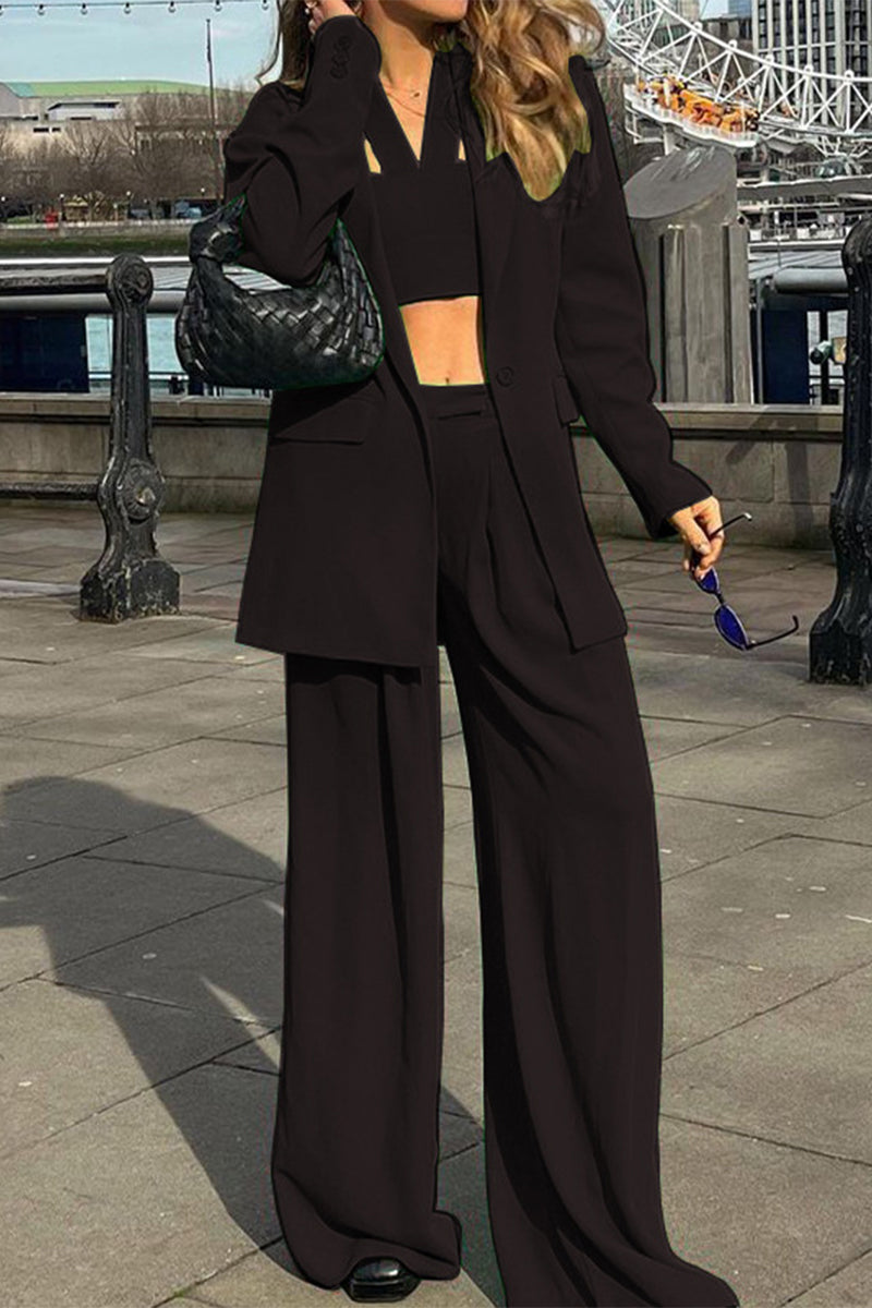 Kaynafashions - Work Elegant Solid Solid Color Turn-back Collar Long Sleeve Two Pieces(3 Colors)