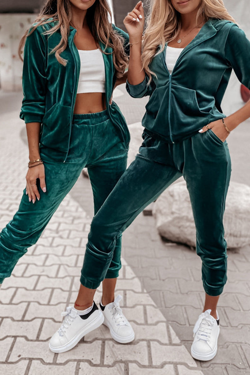 Kaynafashions - Casual Solid Zipper Hooded Collar Long Sleeve Two Pieces(4 Colors)