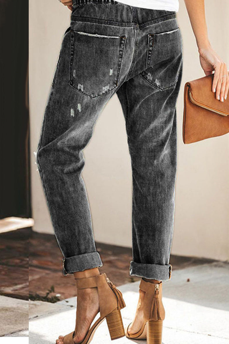 Kaynafashions - Street Solid Ripped Frenulum Straight Denim Jeans