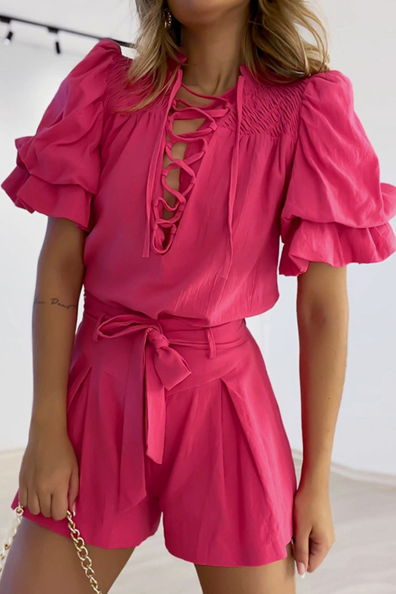 Kaynafashions - Sweet Elegant Solid Frenulum V Neck Short Sleeve Two Pieces