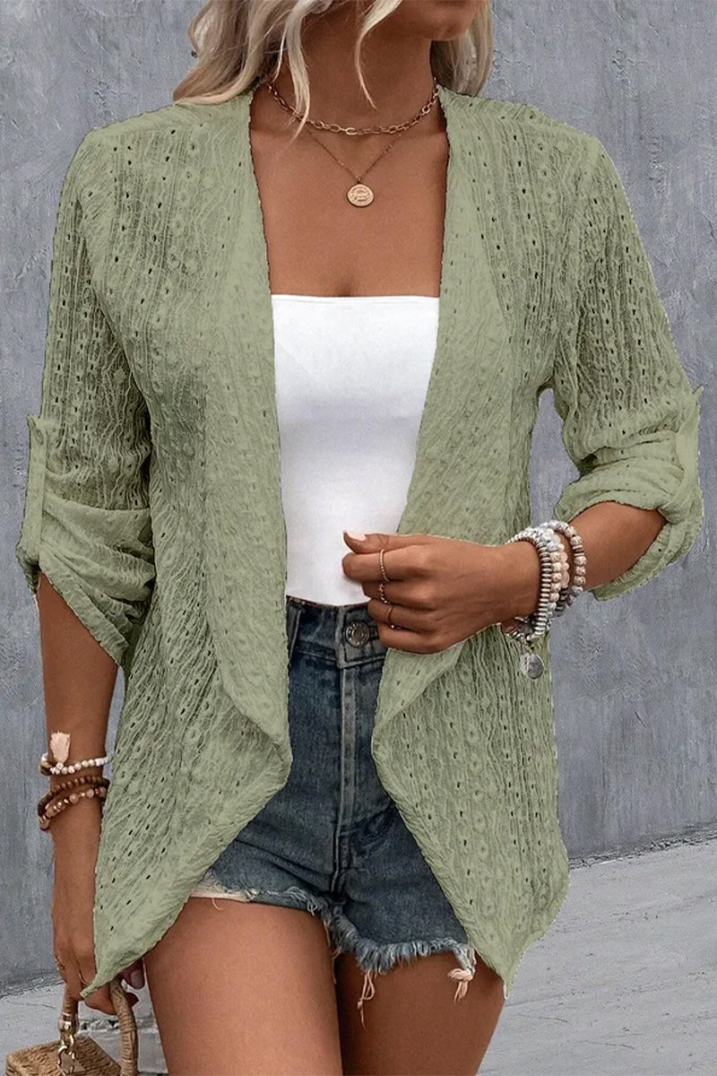 Kaynafashions - Simplicity Solid Hollowed Out Cardigan Collar Outerwear