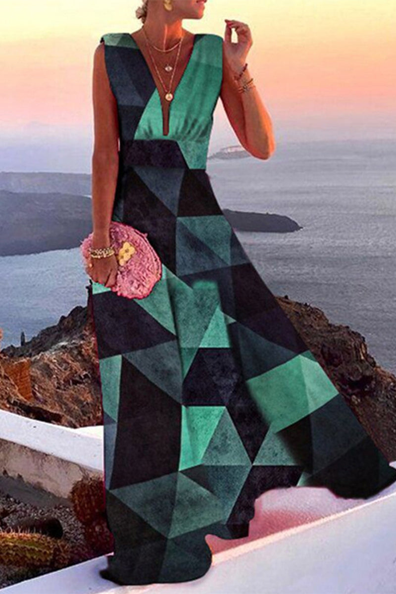 Kaynafashions - Casual Print Patchwork V Neck Cake Skirt Dresses(5 Colors)