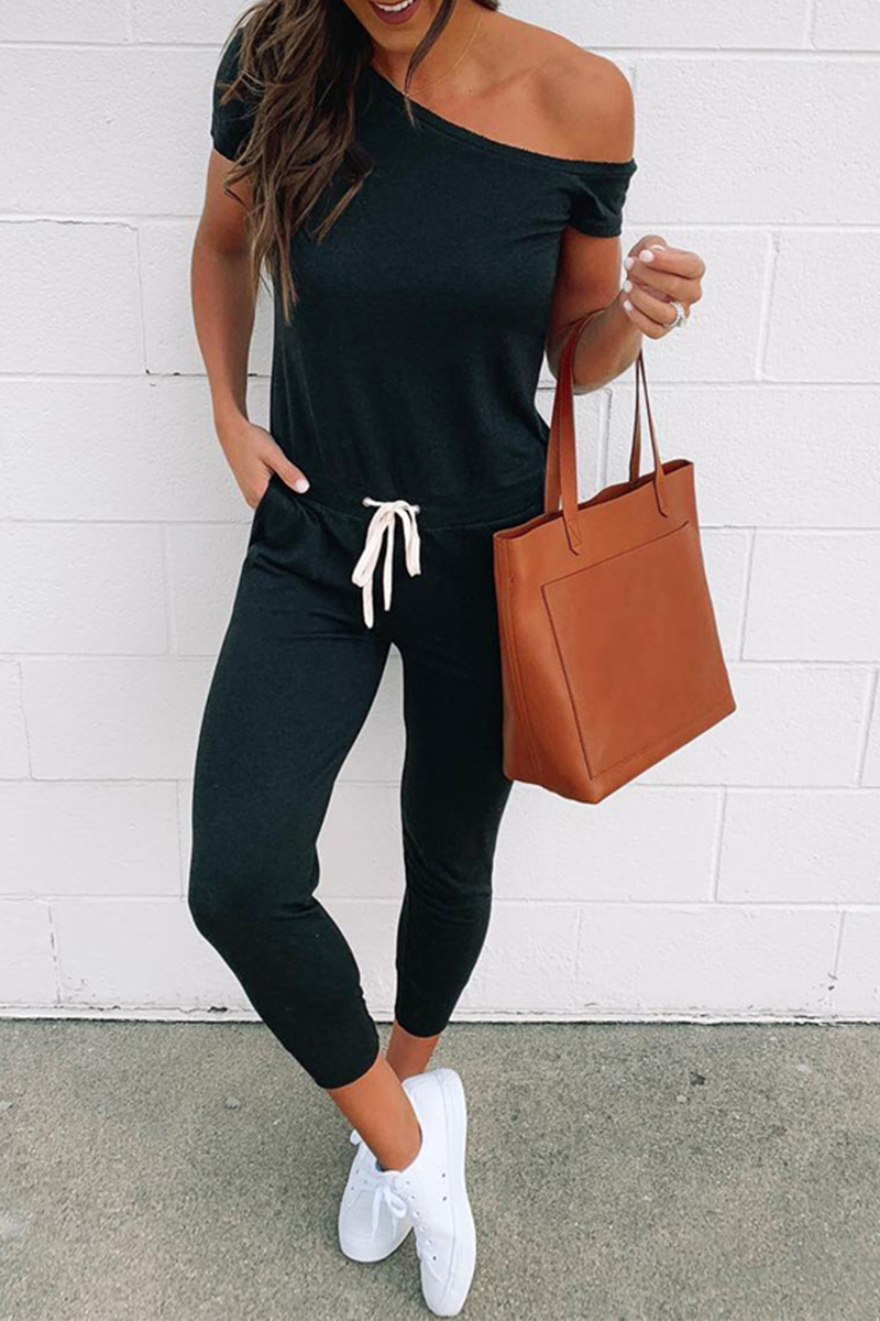Kaynafashions - Casual Solid Draw String One Shoulder Skinny Jumpsuits(4 Colors)